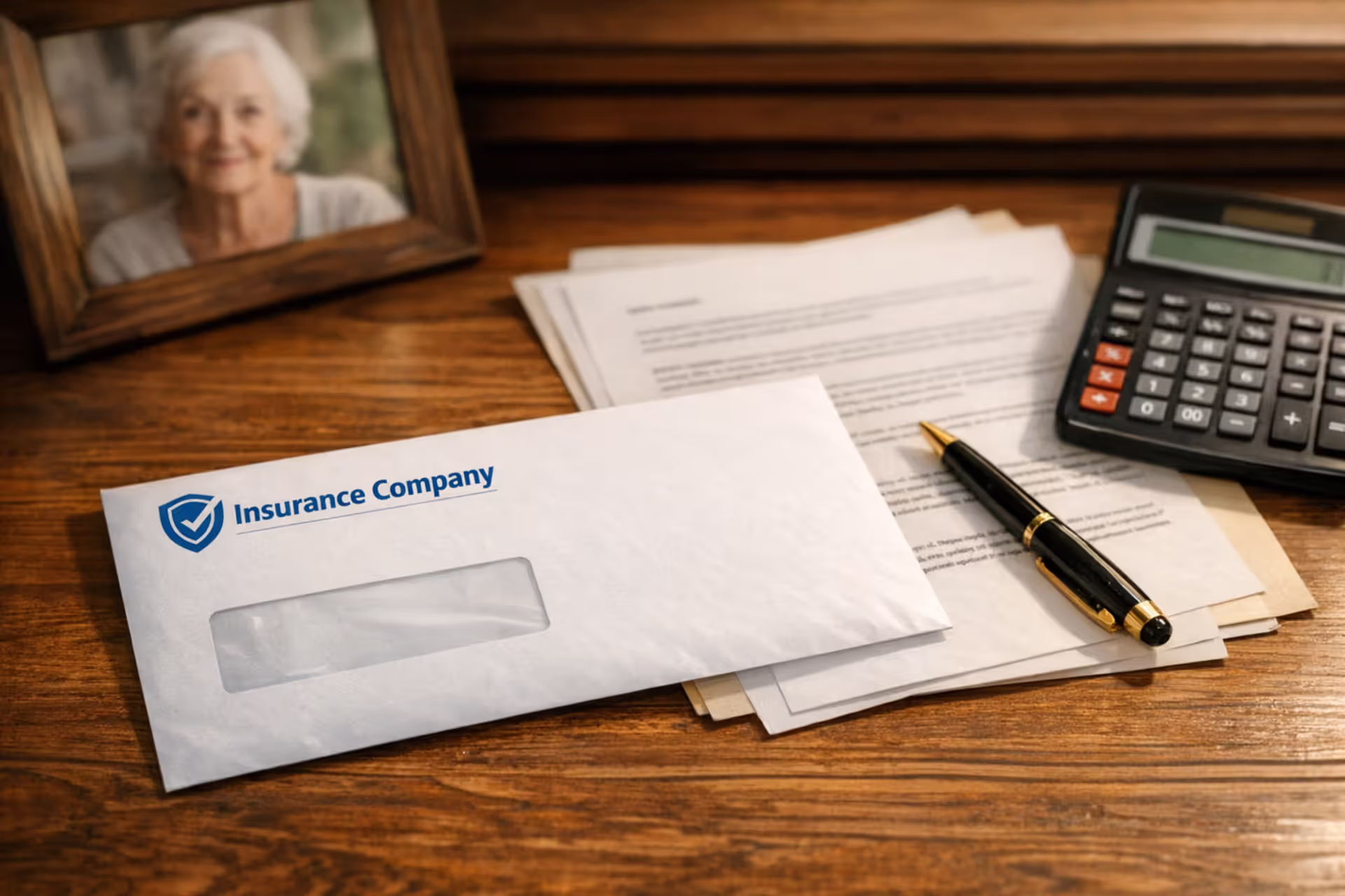 Insurance company envelope with legal documents, calculator, and pen on wooden desk next to framed photo of elderly woman