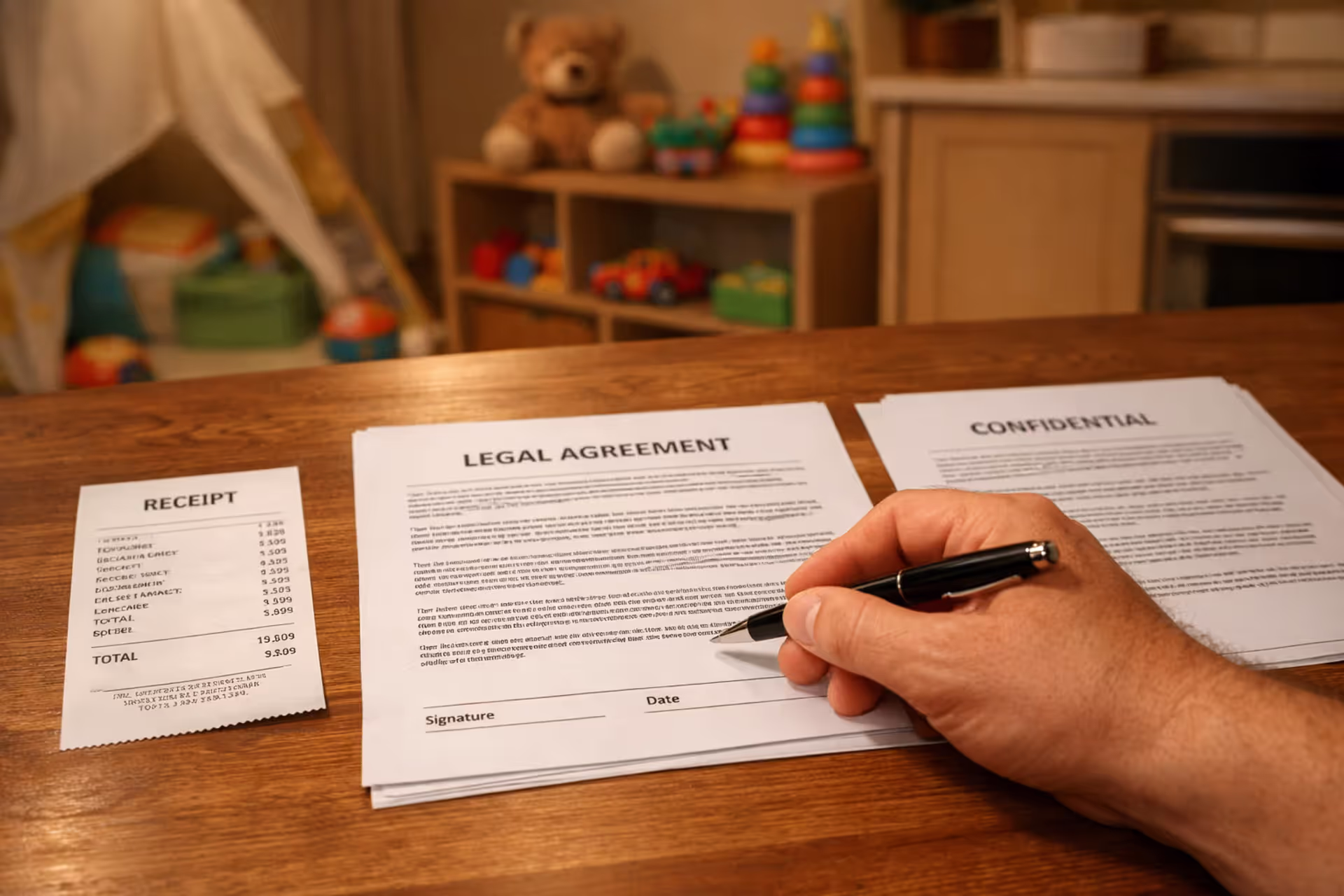 Parent sitting at kitchen table reviewing legal settlement documents with a check, children’s room visible in background