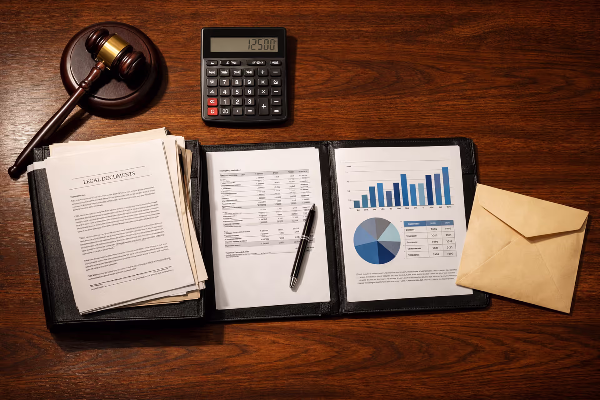 Judge desk with gavel legal documents calculator and financial reports for structured settlement guardianship