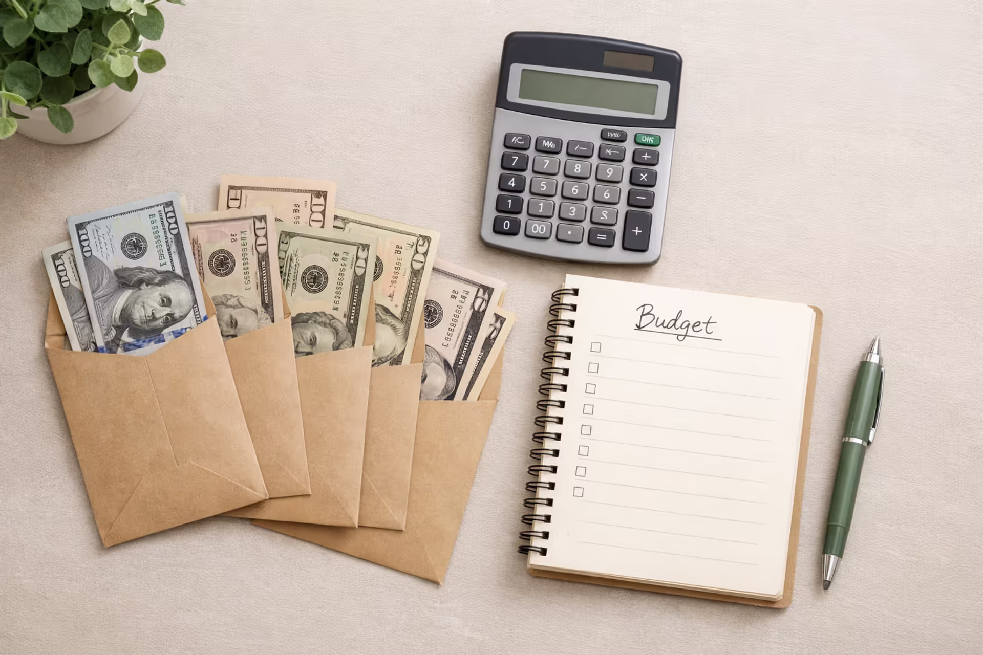 Top-down view of a desk with cash envelopes, calculator, calendar with marked payment dates, and a handwritten budget notebook representing structured settlement income planning
