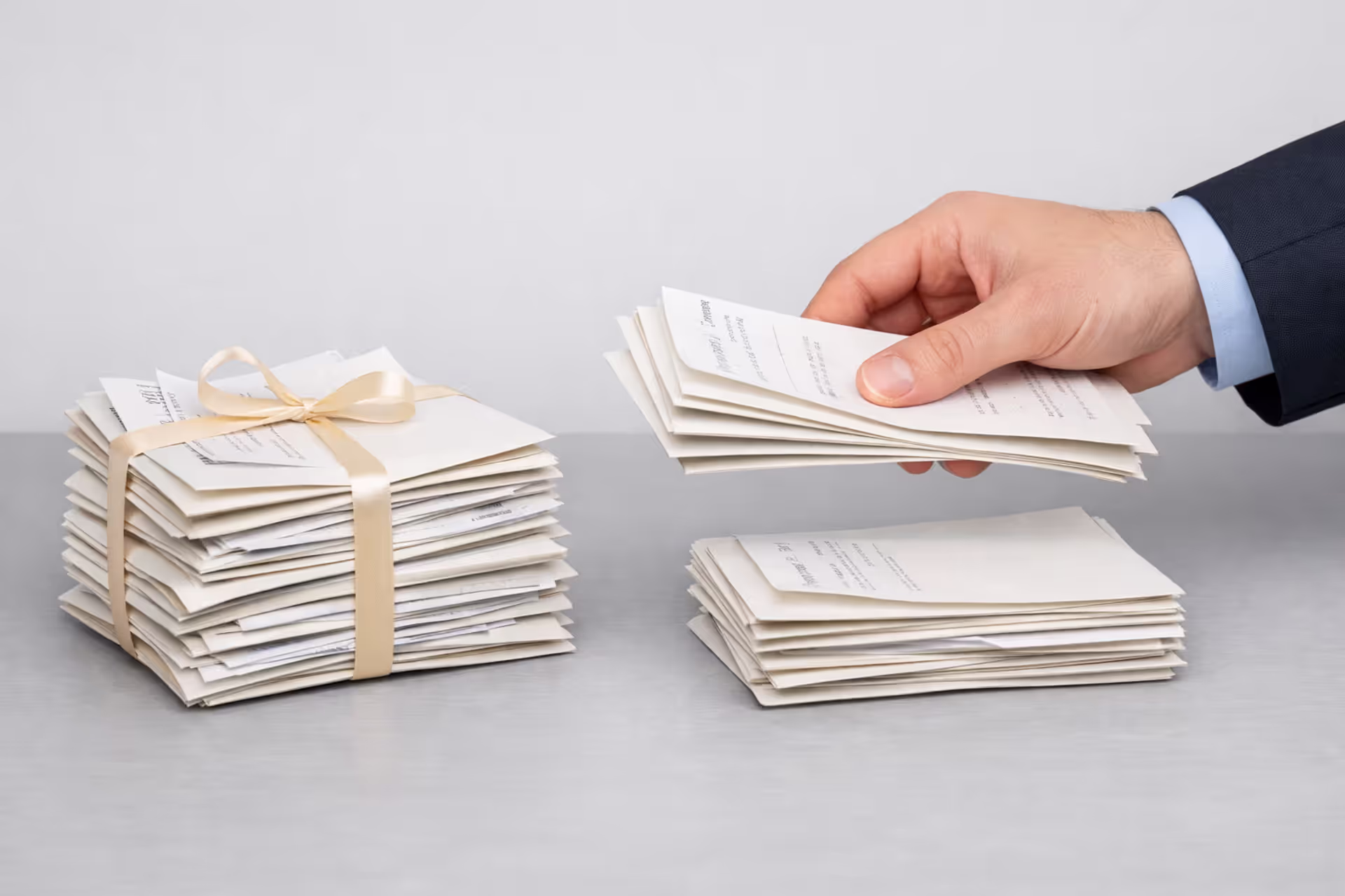 Hand removing several payment envelopes from a neatly stacked pile on an office desk, illustrating the concept of a partial structured settlement buyout