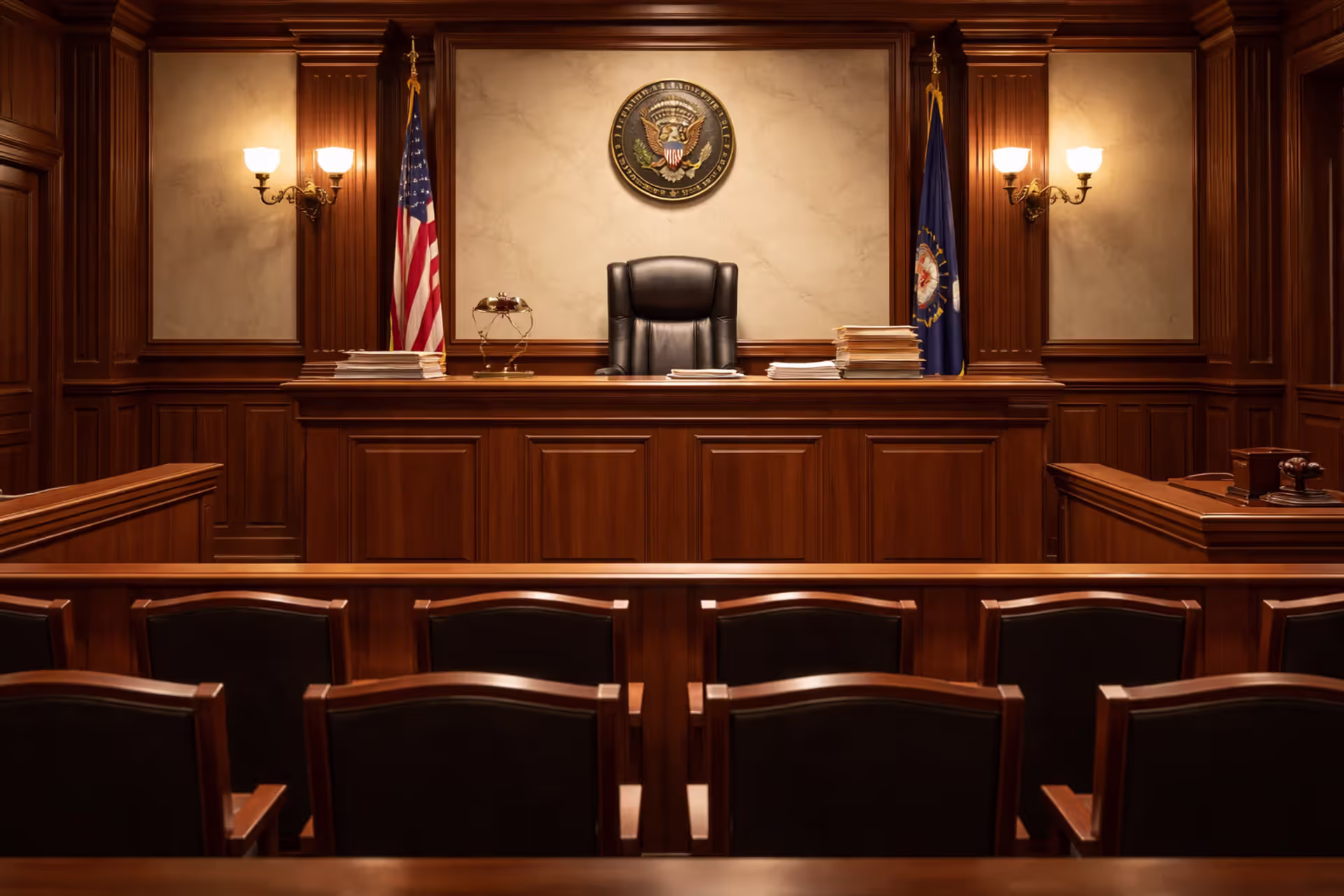 Empty American courtroom interior with wooden judge bench, stacks of legal documents on desk, and chairs for hearing participants
