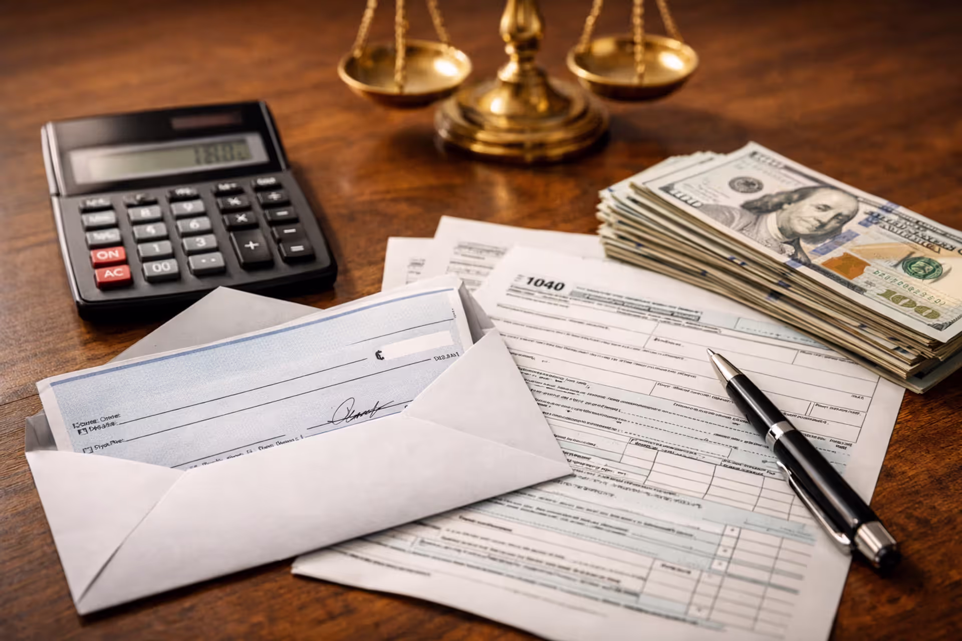 A desk with an opened envelope containing a check, IRS tax forms, a calculator, dollar bills, and a pen, with scales of justice blurred in the background