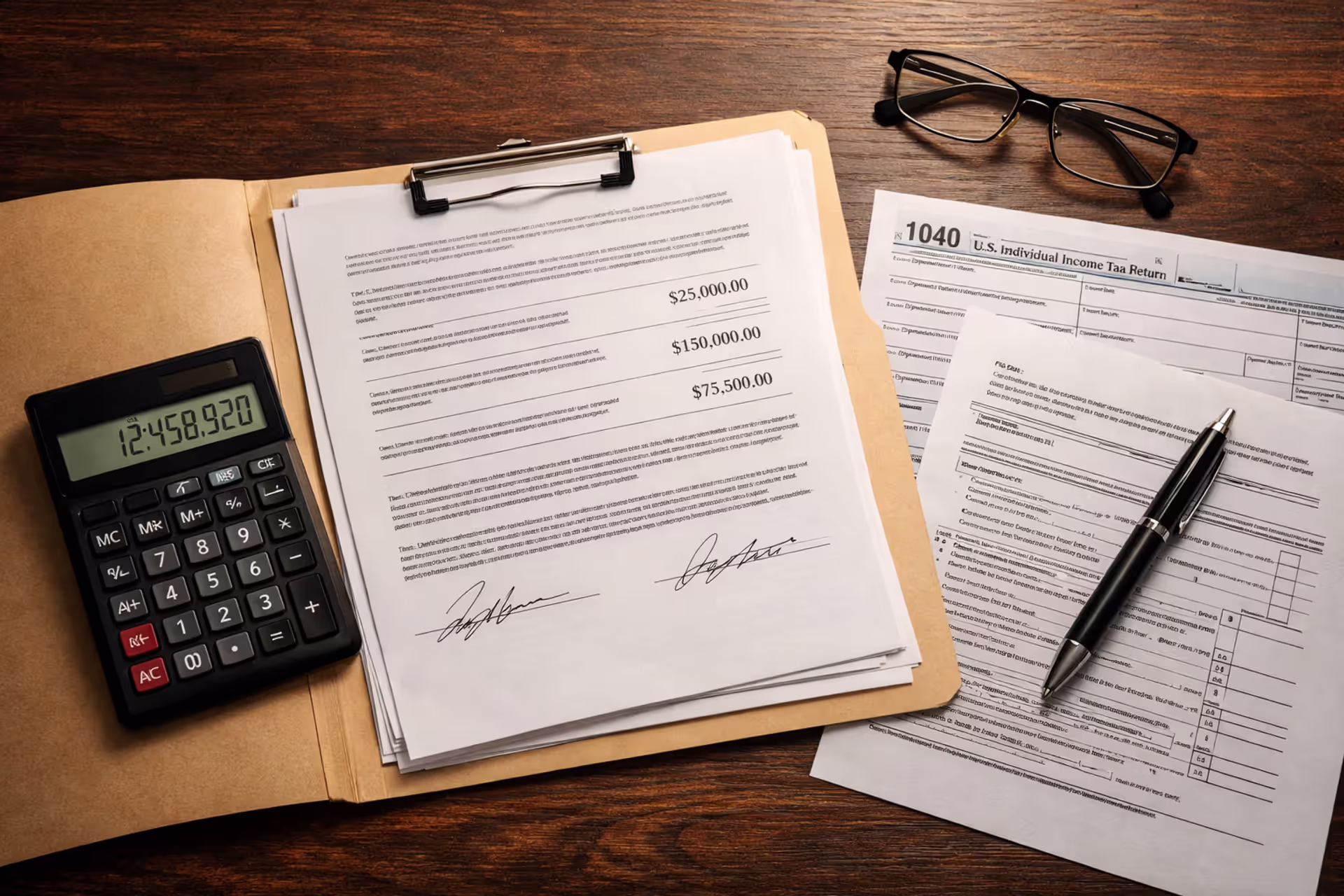 Overhead view of a desk with legal settlement documents, IRS 1040 tax form, calculator, pen, and glasses on a dark wooden surface